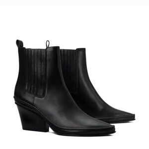 Tory Burch Women Lila Black Heeled Boots Angled Wedge Shoes Sz 8.5M